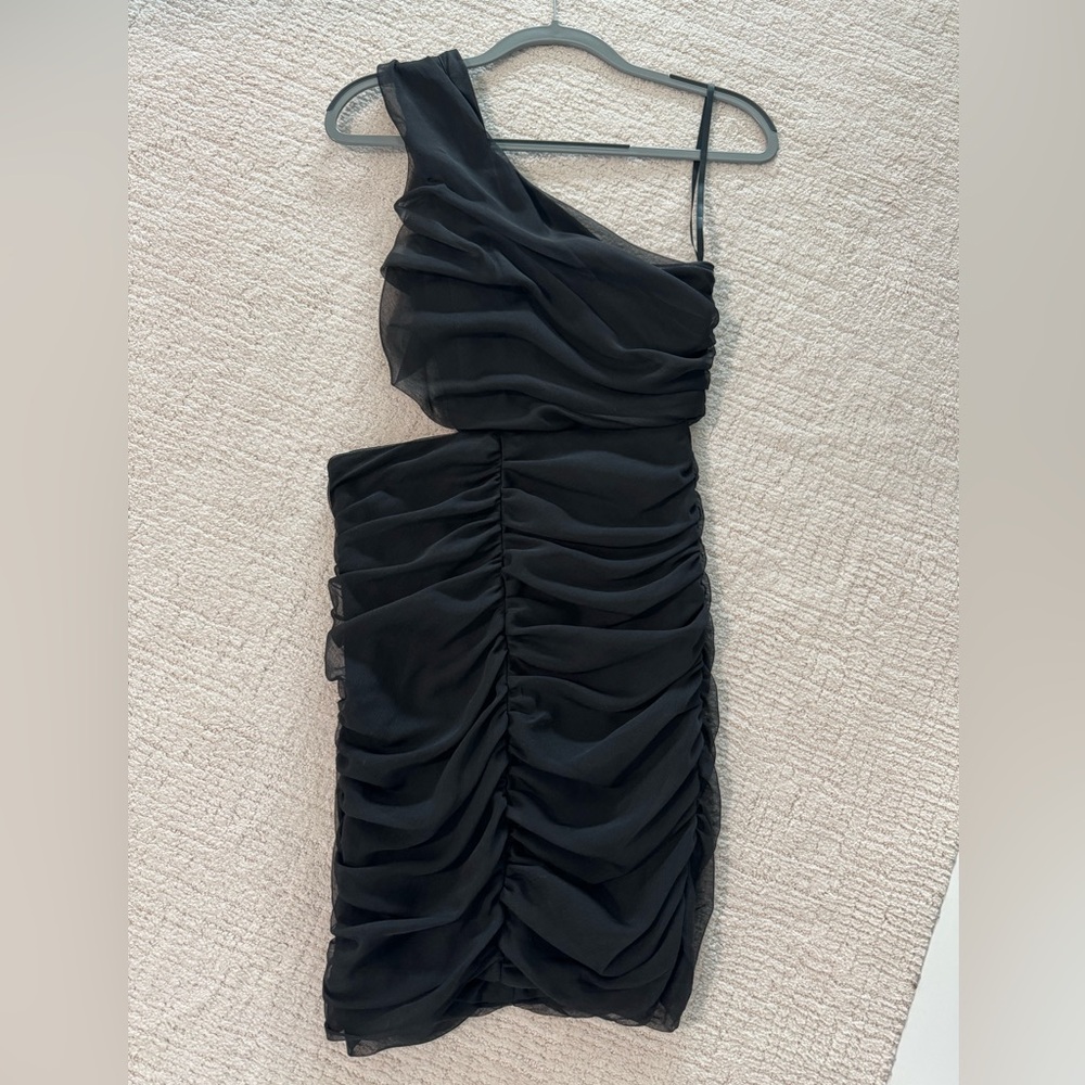Aqua one shoulder chiffon ruched mini dress